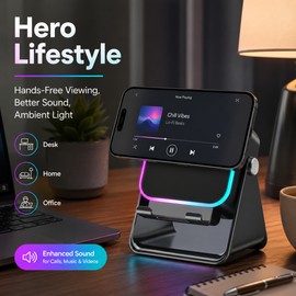 Foldable Phone Stand with Induction Speaker & Light – 5000mAh Bluetooth 5.3 Audio Holder for Desk & Travel