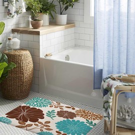 DeeCabin Boho Teal and Brown Floral Bathroom Rugs, Turquoise and Tan Flower Bath Mats for Bathroom, Aqua Blue Bohemia Art Aesthetics Bath Rug, Kitchen Bath Mat Soft Non Slip Bath Rugs 16X24IN