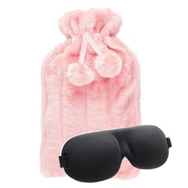 Wärmflasche mit Bezug, 2 l, Naturkautschuk, 2 l, perfekter Wärmbeutel zur Schmerzlinderung, Hand-Fußwärmer plus 3D-Schlaf-Augenmaske (cremefarbene Flasche mit rosafarbenem Bezug)