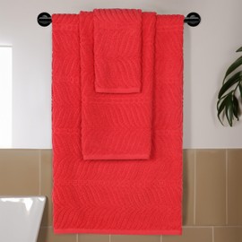 Superior Cotton Chevron 3-Piece Towel Set, Zero Twist, Quick Dry, Home Essentials, Shower, Spa, Luxury Plush Soft Absorbent Towels, Includes 1 Bath, 1 Hand, 1 Washcloth/Face Towel, Jacquard, Red