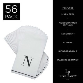 Luxe Party 56 Pack Monogram Napkins, Letter N Initial, Disposable, Premium Airlaid, Linen Feel, Decorative Table Setting, Guest Towel Napkin, White and Black