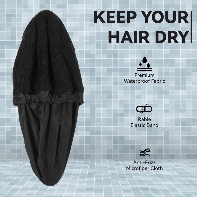 Qinayu Shower Cap for Men Elastic Adjustable Black Bath Cap