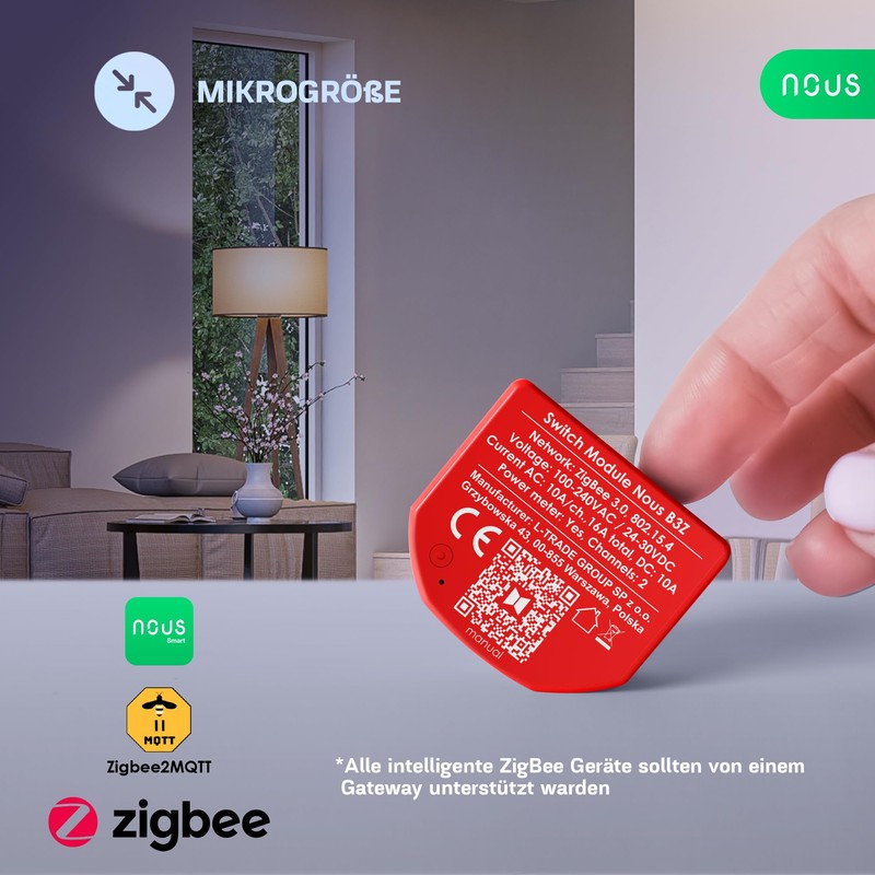 NOUS ZigBee Smart Switch Module mit Leistungsmessung, 2 Kanäle, AC