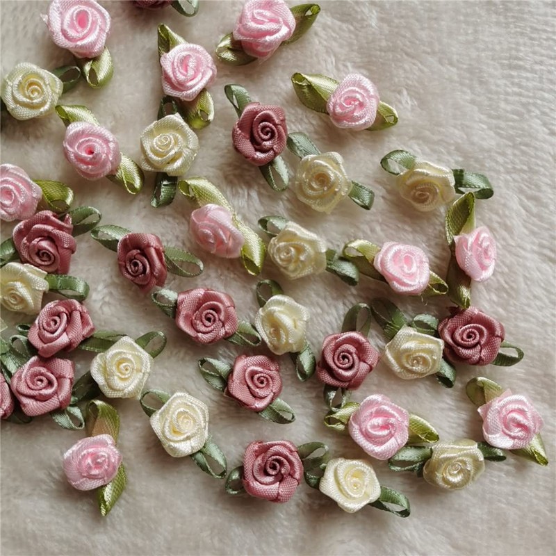 100 rosetas de cinta de raso artificial hechas a mano,