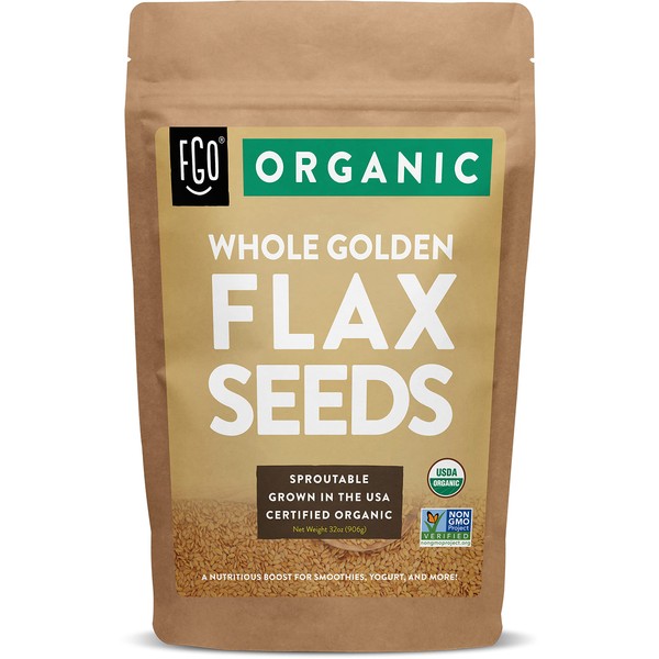 FGO Organic Whole Golden Flax Seeds, Sproutable, Grown in USA, 32oz (Pack of 1)