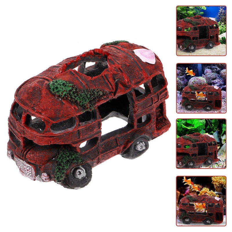 POPETPOP Wreck Car Aquarium Decorations - Resin Wrecked Bus Fish
