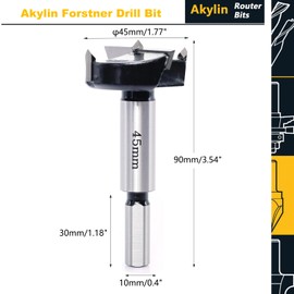 Akylin Forstner Drill Bit 45mm - Carbide Tipped Forstner Bit - Hex Shank Wood Hinge Drilling Hole Saw Cutter, for Auger Opener, Drilling Boring Bit