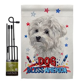Breeze Decor Patriotic Maltese Garden Flag Set with Stand Animals Dog Puppy Spoiled Paw Canine Fur Pet Nature Farm Animal Creature Small Decorative Gift Yard House Banner Made in USA 13 X 18.5