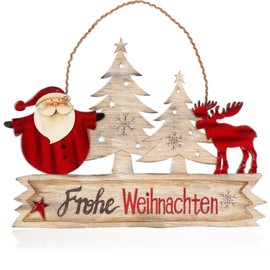 com-four® hanging Christmas decoration, wooden hanger lettering with Santa Claus and elk, Christmas door sign made of wood for door, window or wall