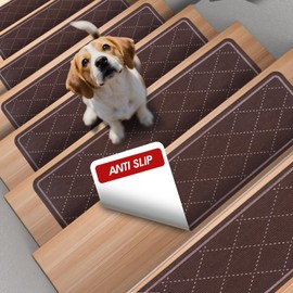 Jorviz 15-Pack Non-Slip Carpet Stair Treads for Wooden Steps Indoor, 8" X 30" Reusable Adhesive Backing Stair Runner Rugs for Kids Elders Pet, Diamond Pattern, Brown