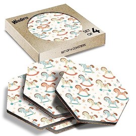 4 x Hexagon Coasters - Rocking Horse Pattern Baby Boy Girl Kids Cork Backed MDF Glossy Tea Coffee Accessory #170856