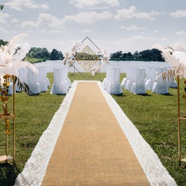 Preboun 3ft x 100 ft Natural Burlap Wedding Runner Aisle Outdoor for Wedding Ceremony Wide Aisle Runner with Lace Jute Rustic Burlap Decorations Outdoor Beach Garden Church