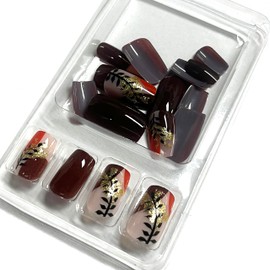 MERVF Press on Nails Medium Square Fall Deep Brown Fake Nail Glue ons Glitter Acrylic Nail Leaf Design Art French Tip Manicure Thanksgiving Supplies 24pcs Glossy