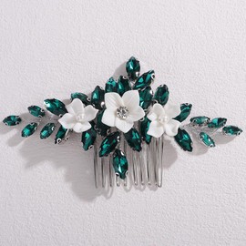 Rumtock White Flower with Green Crystal Beads Hair Comb for Wedding Brides Women Hair Accessories Silver Side Headpiece (Green)