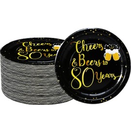 50 platos de 80 cumpleaños, suministros para fiesta de 80 cumpleaños, 7 pulgadas, 80 platos de postre para 80 años, platos para pasteles para saludar y cervezas, temática de oro negro, 80 cumpleaños,