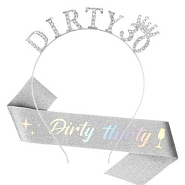 CAVETEE 30th Birthday Crown and Sash, Happy Birthday Headband Silver Princess Tiara DIRTY 30 Sash and Crown for 30th Birthday Decorations Birthday Gifts