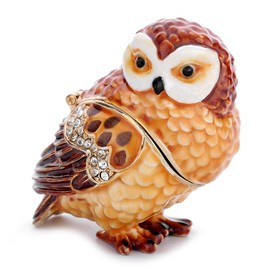 Vie jeune Hand Painted Enamel Wise Owl Trinket Box, Hinged Unique Mini Ring Necklace Jewelry Organizer, Classical Bejeweled Storage, Figurine Collectible Keepsake Home Decor (Wise Owl)