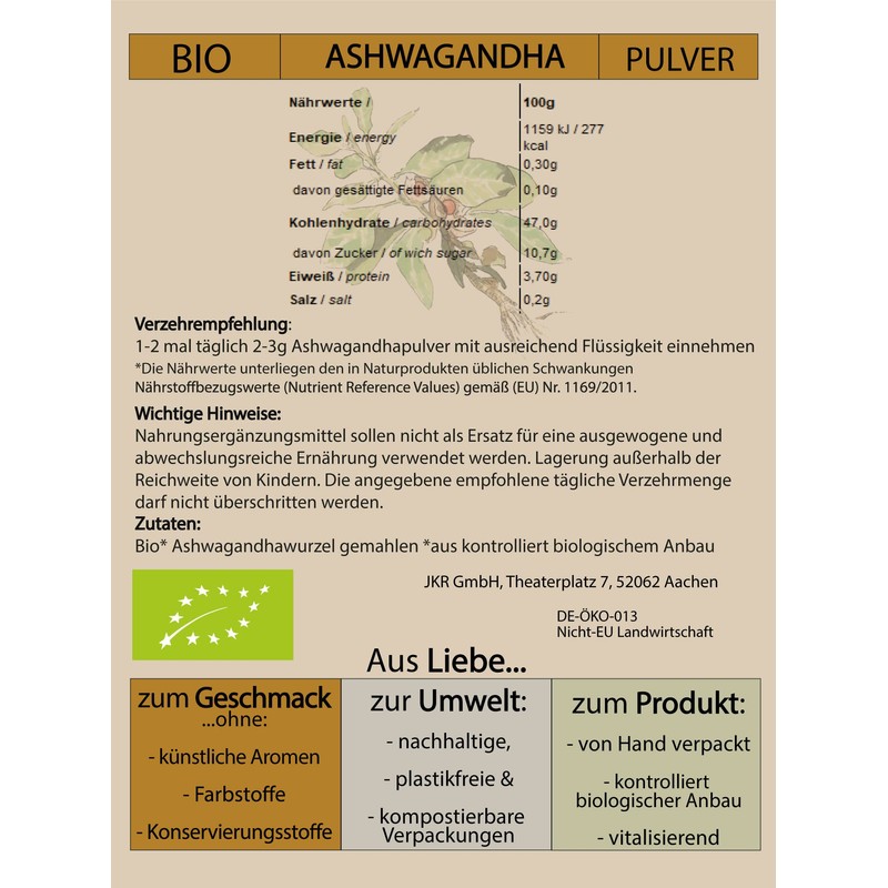 SPINTZ® Organic Ashwagandha Powder Ground Ashwagandha Root - Ground Ashwaganda