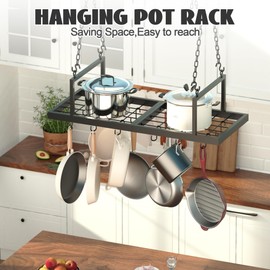 Alytree Hanging Pot Rack, 31-Inch Pot Hanger for Kitchen, Ceiling Mounted Pot Rack with 12 Detachable S Hooks, Sturdy Metal Cookware Organizer for Pot, Pan Storage, Space-Saving, Black
