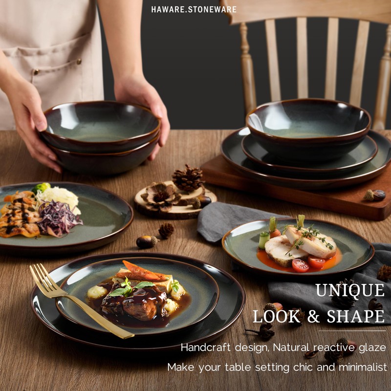 HaWare Plates and Bowls Set, Stoneware Dinnerware Sets, 18-Piece Hand-painted