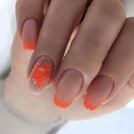 Maple Leaf Press on Nails French Tips Fake Nails, with Fall Thanksgiving Maple Leaves Designs Glossy Full Cover Acrylic False Nails Reusable Glue on Nails Autumn for Women 24PCS