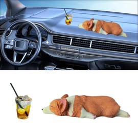 BDZMC Cute Dog Car Rearview Mirror Accessories, Sleeping Corgi & Lemon Tea Dashboard Decoration, Resin Car Ornament, Funny Automotive Mirror Accessories for Home Office
