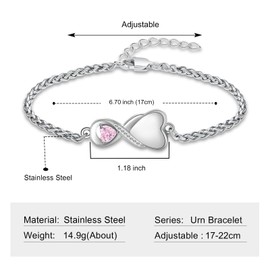 QGJNSGC Infinity Urn Bracelet for Women Men Heart Birthstone Cremation Jewelry for Ashes Link Bracelet Keepsake Memorial Urn Lockets for Human Ashes Urn Bangle Bracelet Jewellery (Pink)
