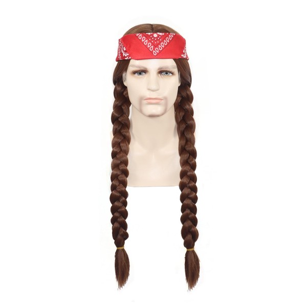 NIUOBYS Long Brown Braided Wig with Bandana Men's Hippie 60s