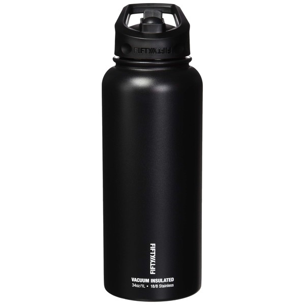 FIFTY/FIFTY Sport Water Bottle, Straw Cap with Wide Mouth, 34 oz/1 L, Matte Black