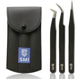 SMI 3 Eyelash Tweezers Set Black Eyelash Tweezers Eyelash Extension Tweezers Pointed Eyelash Curler Curved and Straight Stainless Steel Artificial False 3D 6D Volume Eyelashes with Case