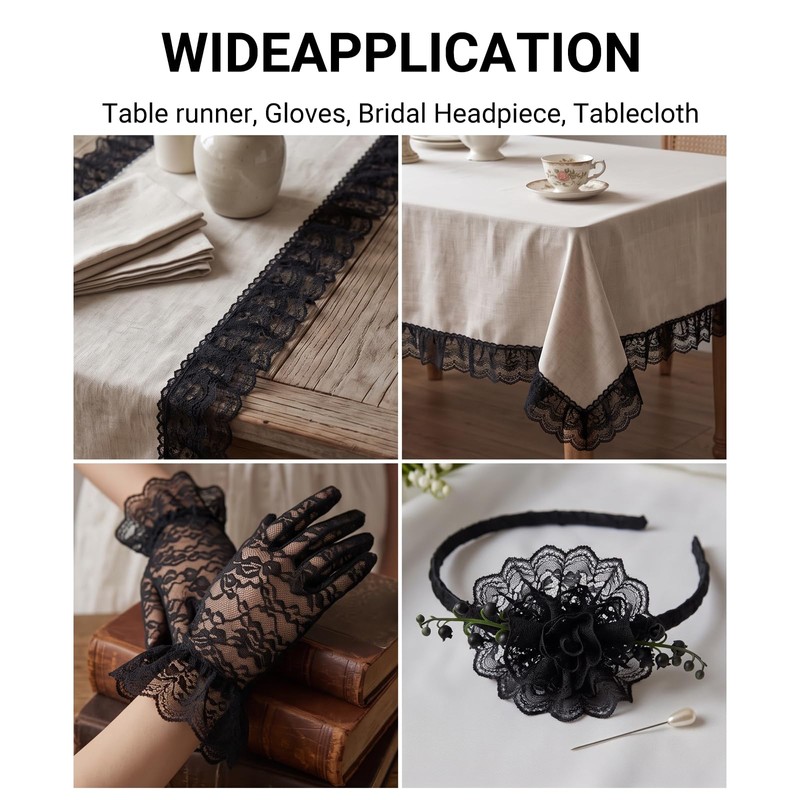 2 Inch Black Chiffon Lace Ruffle Trim 2-Layer Pleated Edge