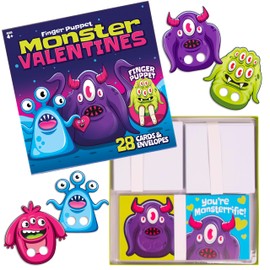 28-Pack Monster Finger Puppets Valentines Day Cards with Envelopes I Valentine's Day Vday Cards Party Favor Set I Valentines Day Gifts for Kids I Exchange Gift Cards for Kids School Classroom Toys