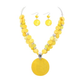 Xalroco Yellow Layered Beads Statement Necklace for Women Big Colorful Glass Stone Circle Shell Pendant Necklace and Earring Set for Women(yellow)
