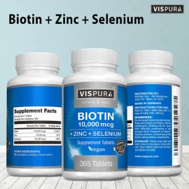 Vispura Biotina 10000 Mcg Zinc Selenio, Vegano, 365 Tabletas , ,