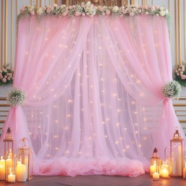10x8ft Baby Pink Tulle Backdrop Curtain with Lights String for Parites, Sheer Backdrop Curtains for Wedding Baby Shower Birthday Party Photo Shoot Decorations