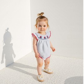 Bagilaanoe Summer Clothes Baby Girl Outfit Sailboat Embroidery Plaid Short Sleeve Romper Smocked Bubble Romper Bodysuit (White, 3-6 Months)
