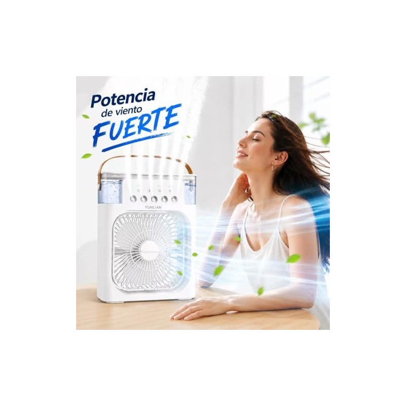 Ventilador Portátil con Humidificador, 5 Salidas de Niebla, 3 Velocidades
