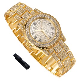 richhut Luxury Diamond Watch for Kids Teen - Iced Out Bling 18K Real Gold Plated - 39mm Round Dial Strap 7.5" - Adjuster Tool Included