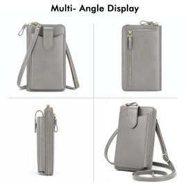 RONSIN RFID Blocking Crossbody Cell Phone Wallet for Women Vegan Leather Purse Compact Travel-Size Shoulder Handbag (Grey Purse)
