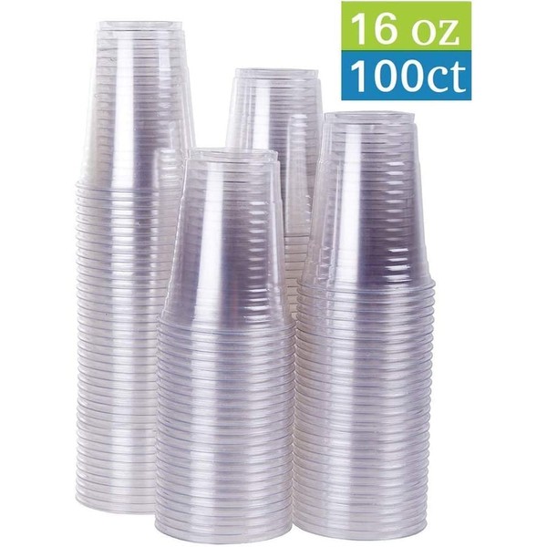 TashiBox 100 Count - 16 Ounce Plastic Drink Cups, Ice Coffee Cups To Go - Crystal Clear PET Party Cups
