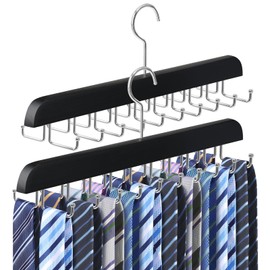2 Pack Tie Rack Belt Hanger for Closet Upgraded Non Slip Tie Hanger Space Saving with 20 Foldable Hooks Wooden Belt Tie Organizer for Tank Tops Bras Cami Scarves