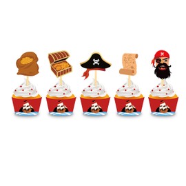 40 Sets Pirate Cupcake Wappers and Cupcake Toppers, Cartoon Pirate Cupcake Decoration Cup Holder, Suitable for Birthday Party Decorations