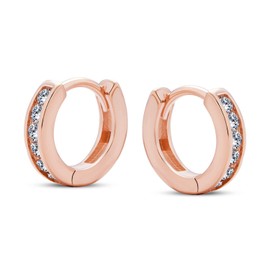 White Cubic Zirconia CZ Channel Set Small Huggie Hoop Earrings For Women 14K Rose Gold Plated .925 Sterling Silver