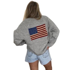 American Flag Knit Sweater Cardigan for Women USA Flag Star Stripe Print Open Front Vintage Knitwear Cardigans (Light Grey, XL)