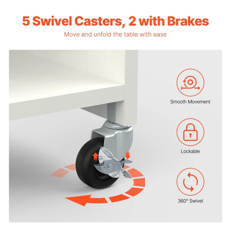 White Folding Sewing Table With Storage Shelves And Lockable Wheels