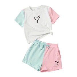Kids Toddler Girl Clothes Outfits Color Clash Short Sleeve Heart Print Tops Summer Shorts Set(6-7t)