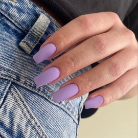 Matte Lilac Press on Nails Long Square, KXAMELIE Medium Coffin Nails Press ons Long Glue on Nails Natural Thick Fake Long Nails Acrylic Nails Reusable 24 Fake Nails Solid Color False Nails for Women