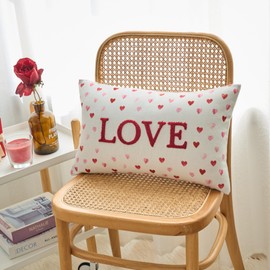 HOMFREEST Valentines Day Heart Love Pillow Covers 12x20 Inch Embroidered Small Red Pink Hearts Decorative Pillows Valentine White Cushion Case for Sofa Couch Home Bed