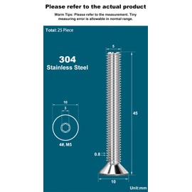 Drenky Pack of 25 M5 x 45 mm Countersunk Screws Stainless Steel V2A VA A2 Allen Screw DIN 7991 / ISO 10642 Countersunk Screws Rustproof Silver Machine Screws Metric Standard Thread