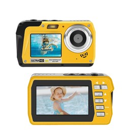 4K Underwater Camera, Full HD 4K&48MP Compact, 10FT Waterproof Camera for Snorkeling, Surfing, Rafting, Dual-Screen for Selfie/16X Digital Zoom/Fill Light/Support 128GB （Yellow）